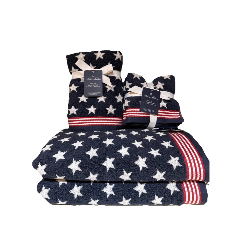 Brooks Brothers Red White Blue Stars Stripes Bath Hand Washcloth Towels 8pc New